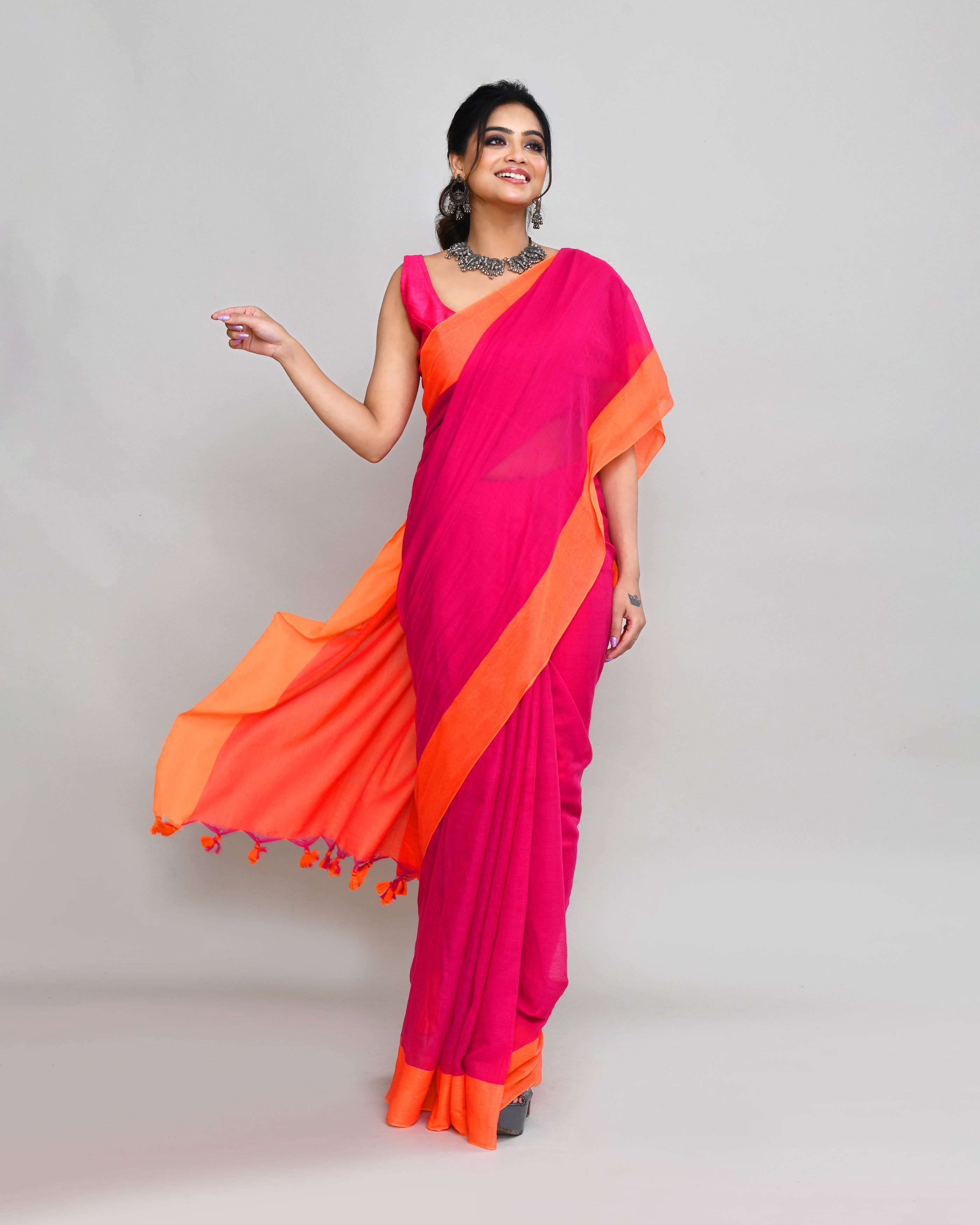 Piyari Fashion Orange Border Rani Pink Cotton Saree With Tassels | Grocsy