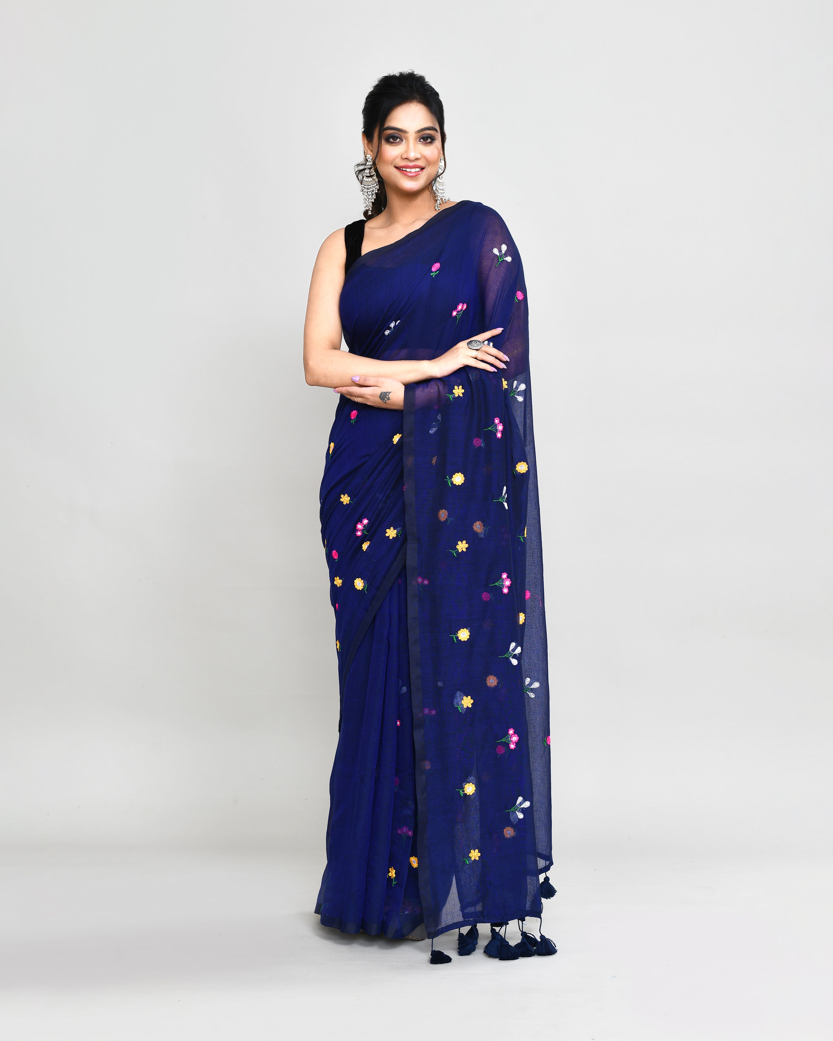 Piyari Fashion Women's Blue Exclusive Embroidery Saree With Tassels | Grocsy