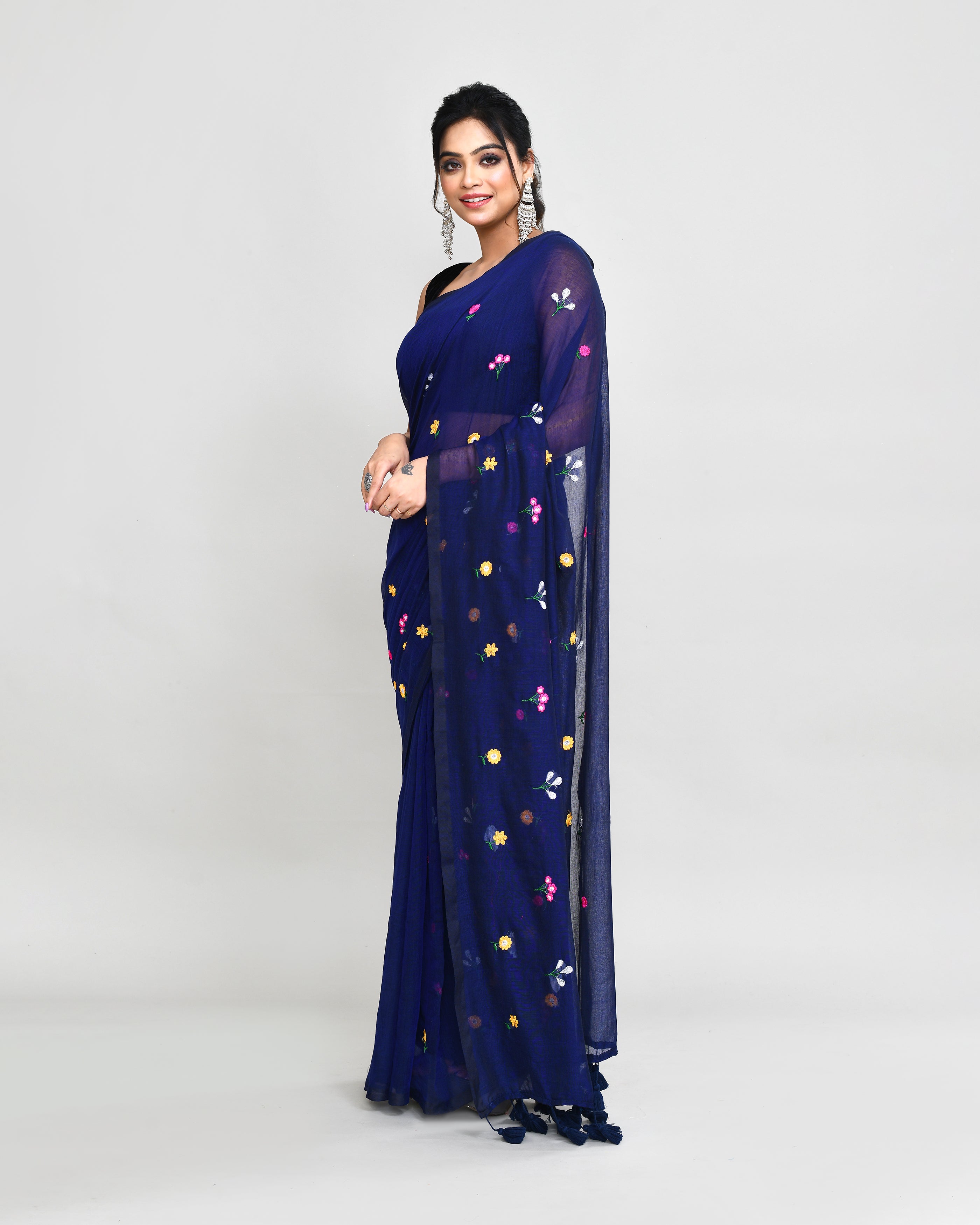 Piyari Fashion Women's Blue Exclusive Embroidery Saree With Tassels | Grocsy
