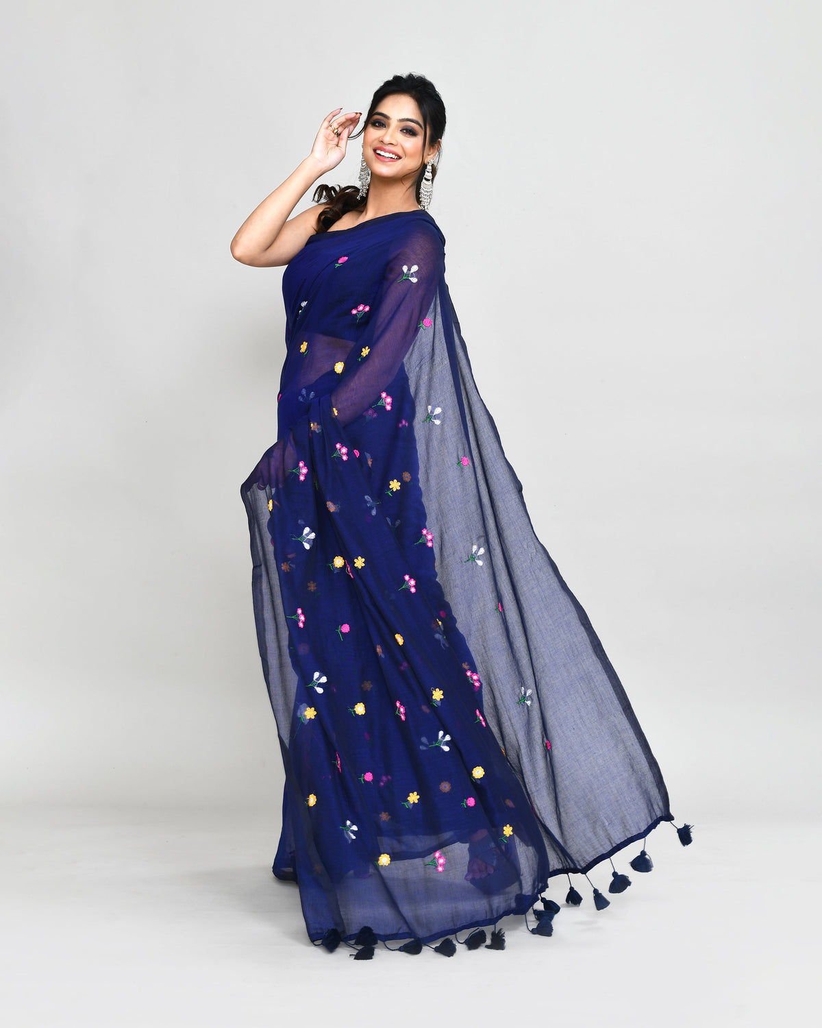 Piyari Fashion Women's Blue Exclusive Embroidery Saree With Tassels | Grocsy