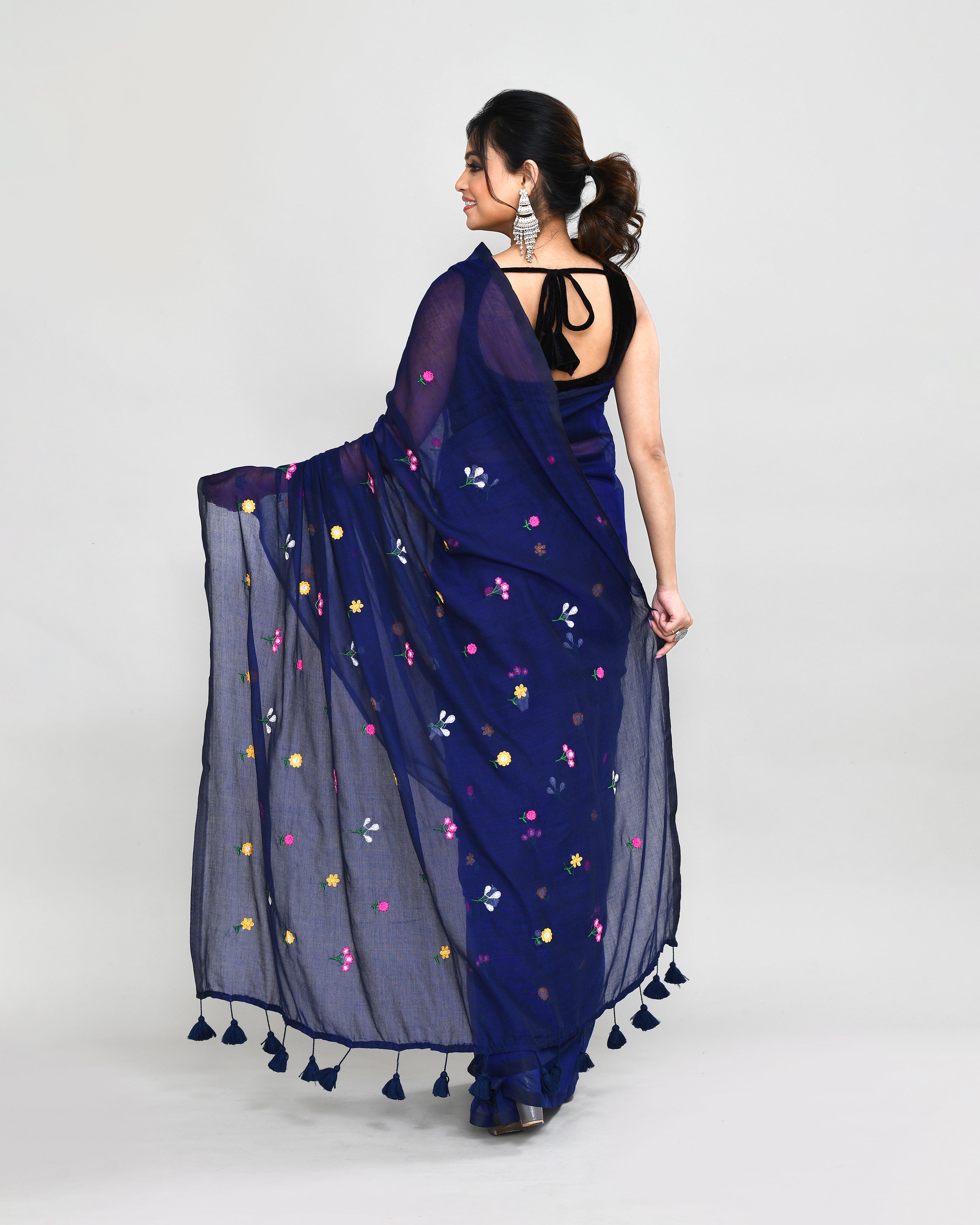 Piyari Fashion Women's Blue Exclusive Embroidery Saree With Tassels | Grocsy