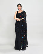 Piyari Fashion Women's Black Exclusive Embroidery Saree With Tassels | Grocsy