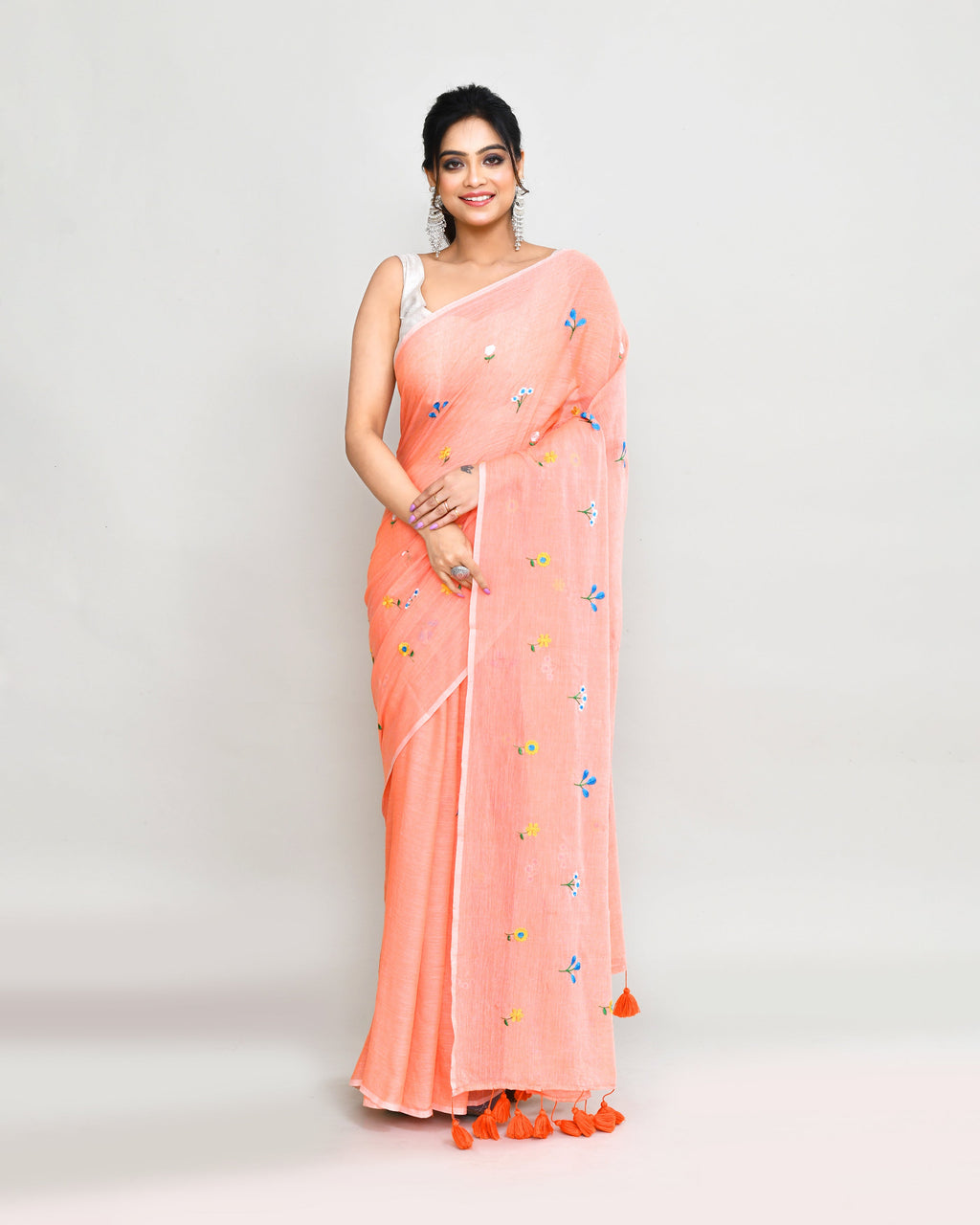 Piyari Fashion Women's Salmon Exclusive Embroidery Saree With Tassels | Grocsy