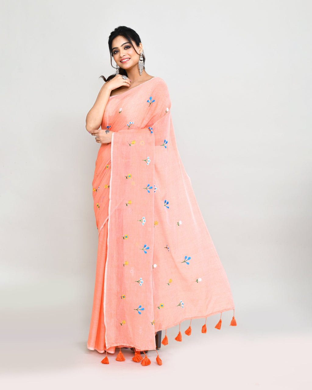 Piyari Fashion Women's Salmon Exclusive Embroidery Saree With Tassels | Grocsy