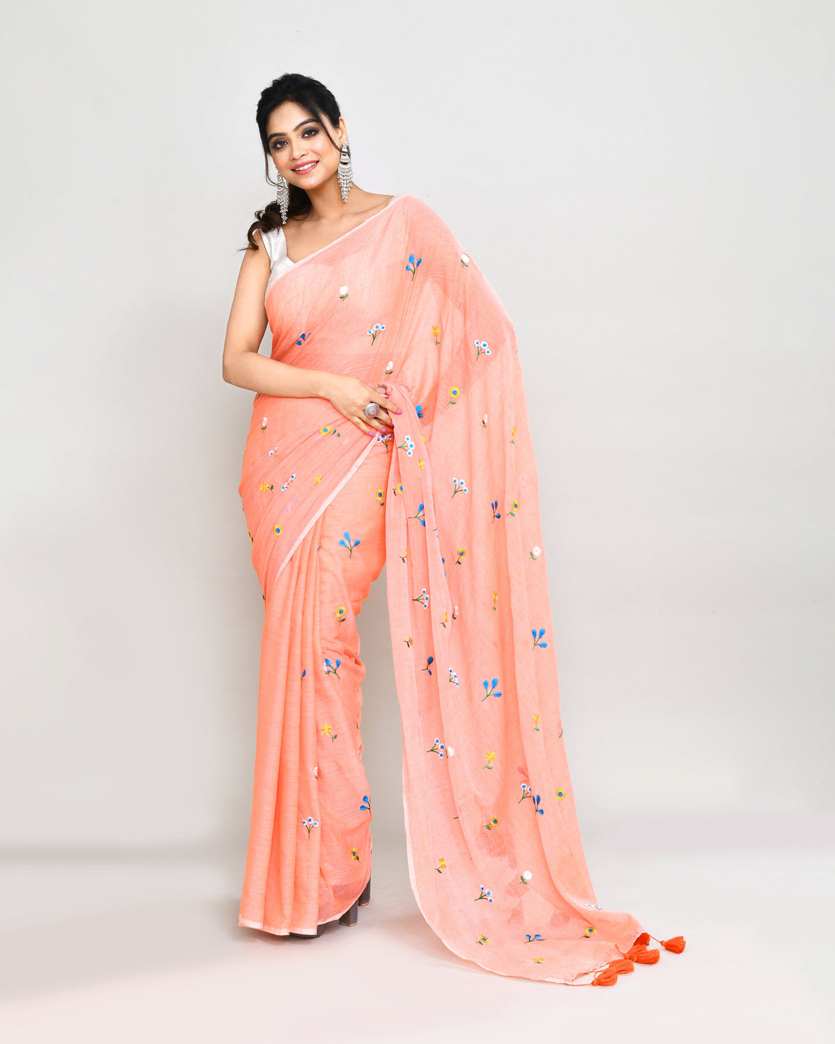 Piyari Fashion Women's Salmon Exclusive Embroidery Saree With Tassels | Grocsy
