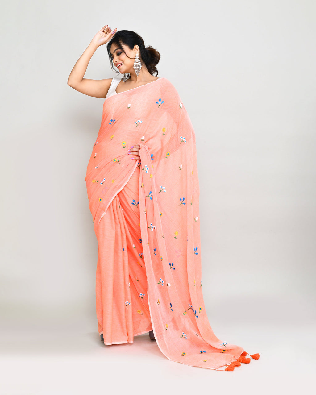 Piyari Fashion Women's Salmon Exclusive Embroidery Saree With Tassels | Grocsy