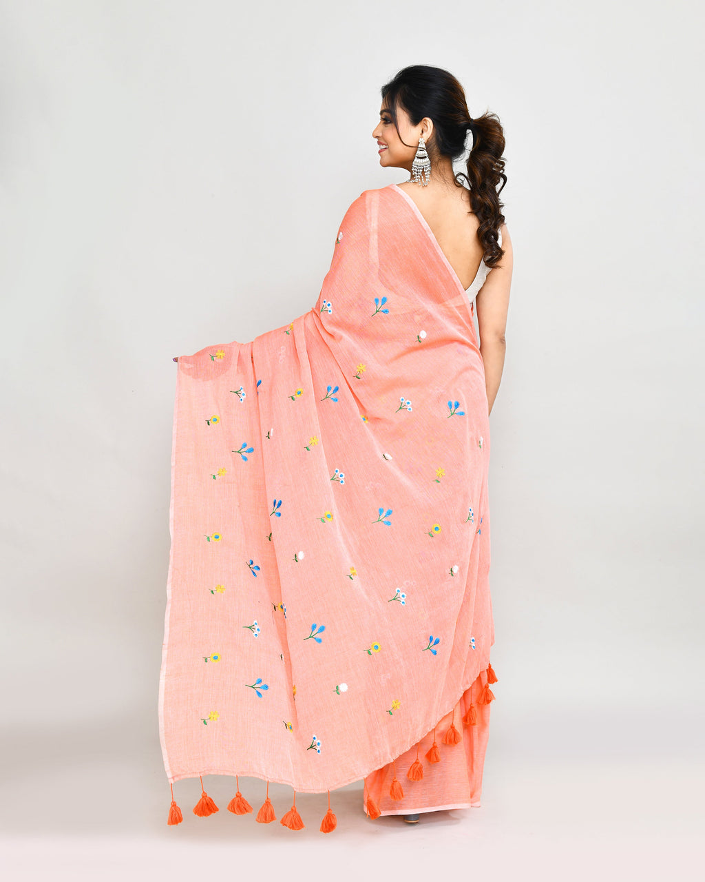 Piyari Fashion Women's Salmon Exclusive Embroidery Saree With Tassels | Grocsy