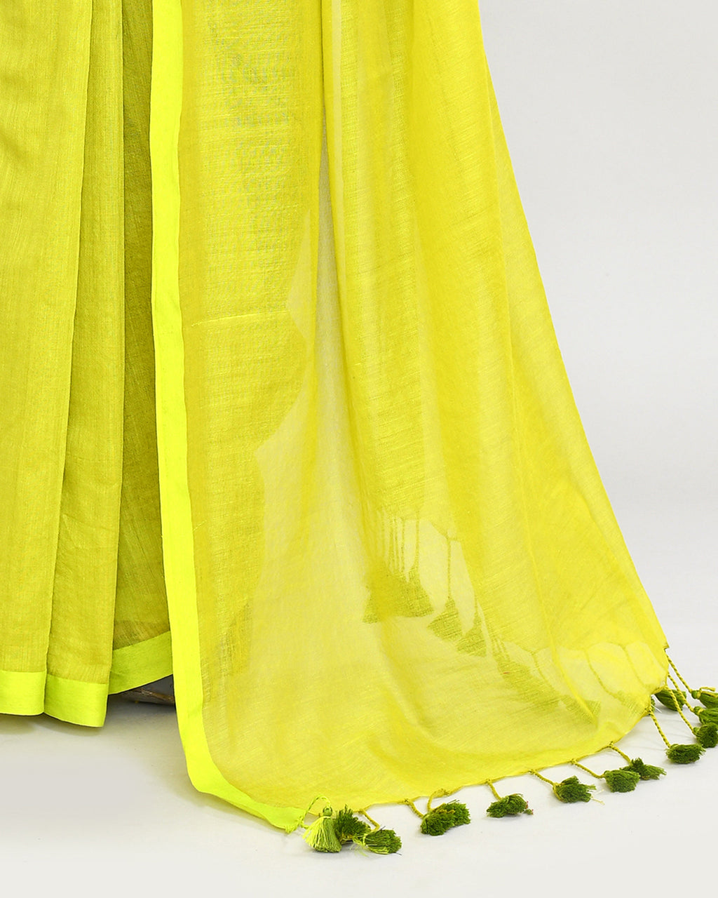 Piyari Fashion Woven's Lime Mulmul Cotton Saree With Tassels | Grocsy