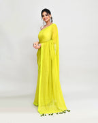 Piyari Fashion Woven's Lime Mulmul Cotton Saree With Tassels | Grocsy