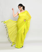 Piyari Fashion Woven's Lime Mulmul Cotton Saree With Tassels | Grocsy