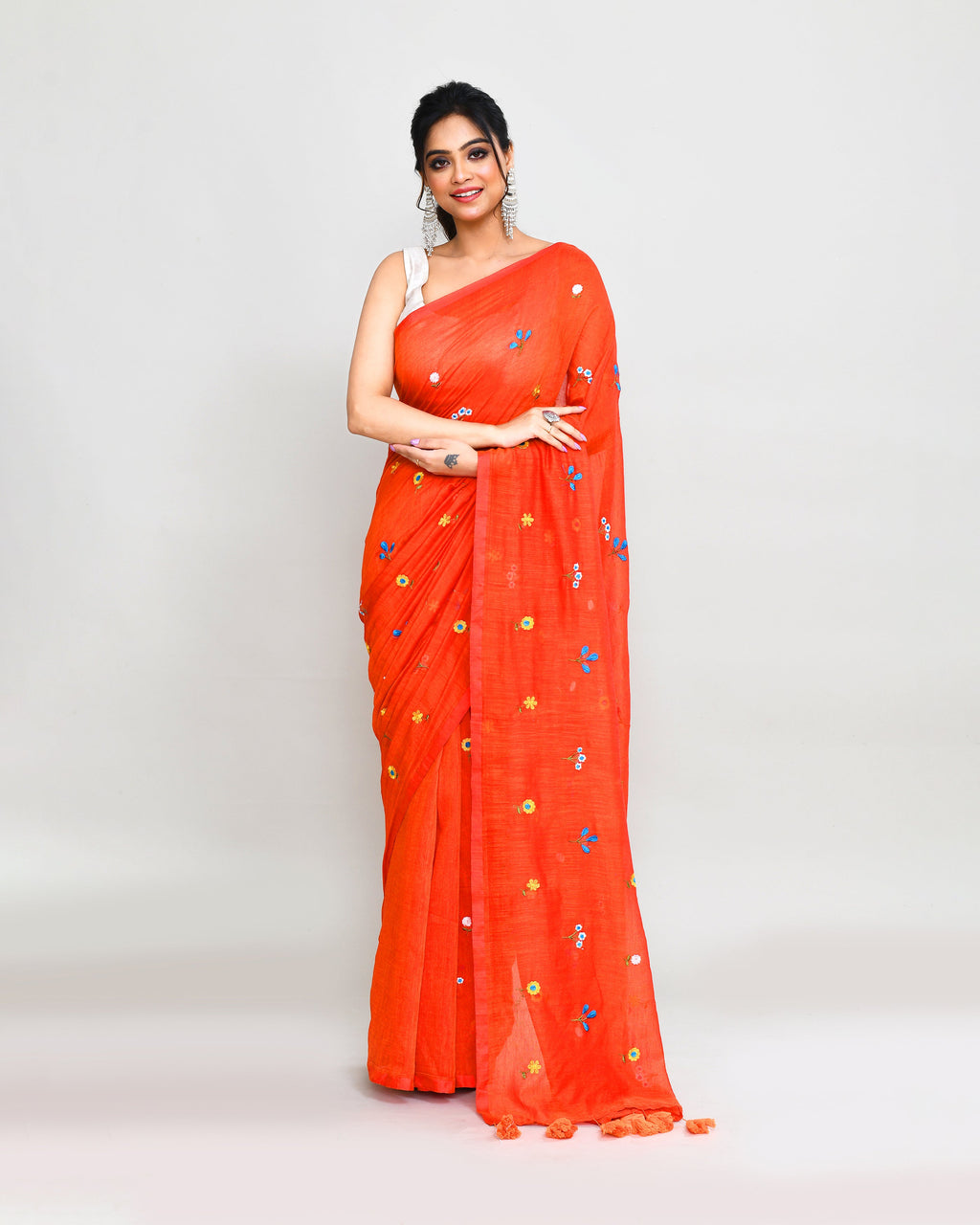 Piyari Fashion Women's Orange Red Dual Tone Exclusive Embroidery Saree With Tassels | Grocsy