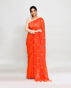 Piyari Fashion Women's Orange Red Dual Tone Exclusive Embroidery Saree With Tassels | Grocsy