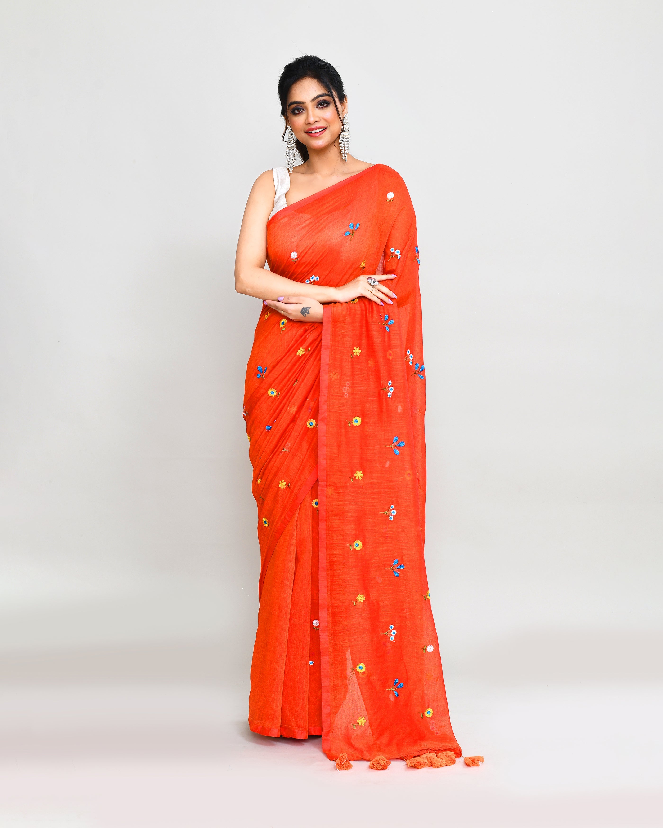 Piyari Fashion Women's Orange Red Dual Tone Exclusive Embroidery Saree With Tassels | Grocsy