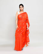 Piyari Fashion Women's Orange Red Dual Tone Exclusive Embroidery Saree With Tassels | Grocsy