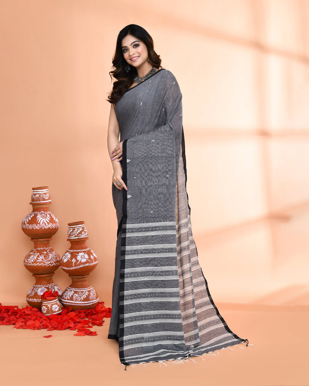 Piyari Fashion Women`s Grey Hand Work Cotton Saree With Blouse | Grocsy