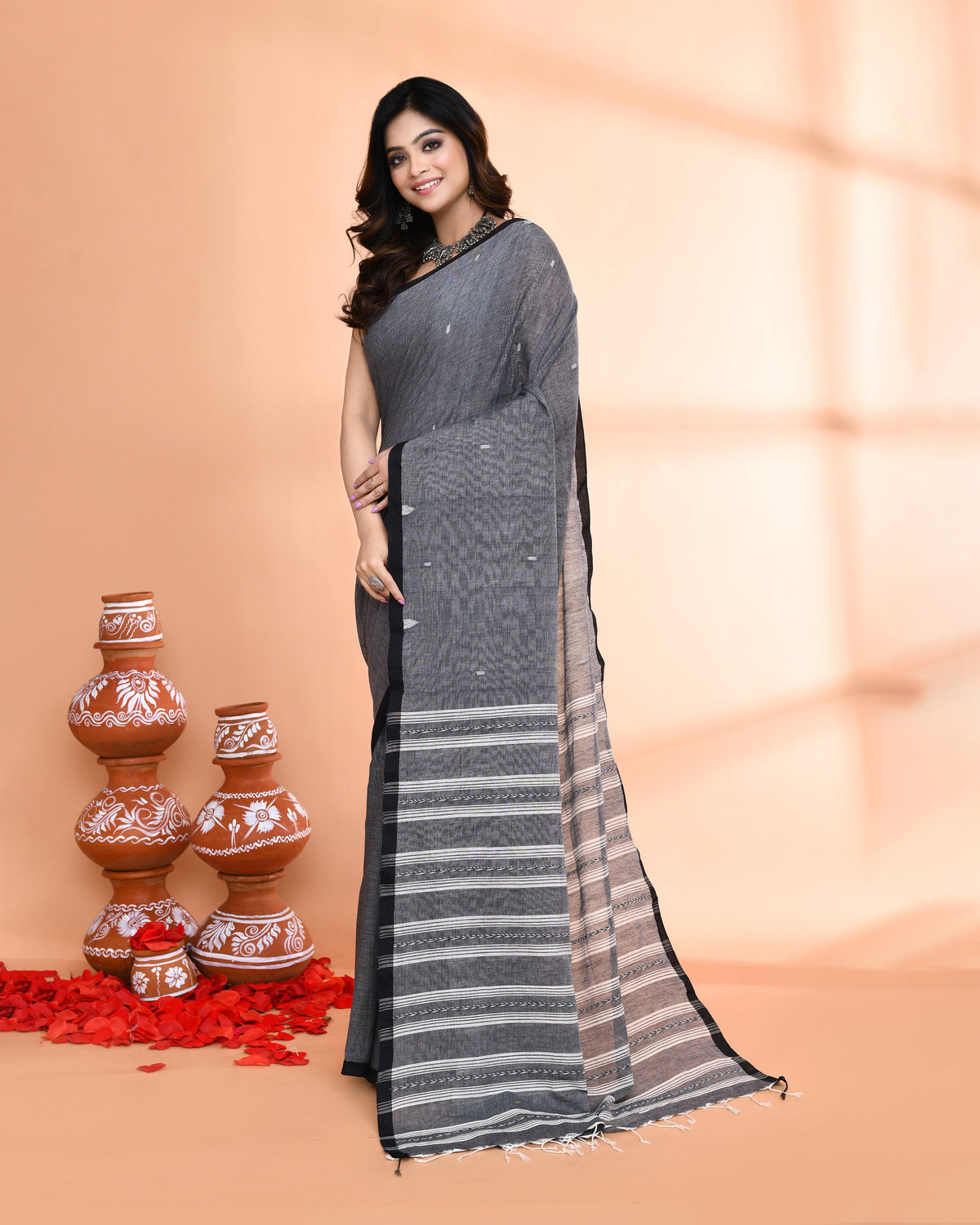 Piyari Fashion Women`s Grey Hand Work Cotton Saree With Blouse | Grocsy