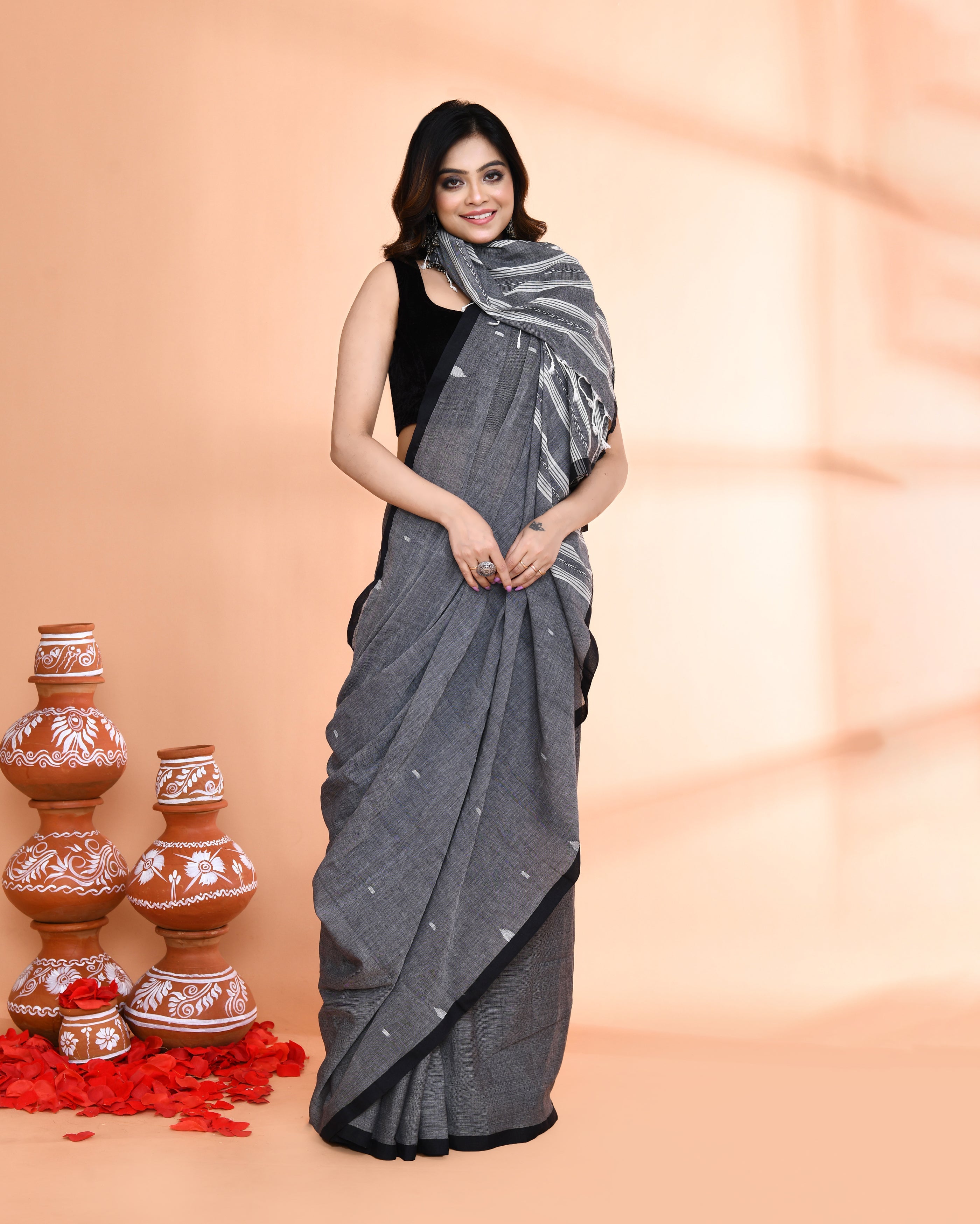 Piyari Fashion Women`s Grey Hand Work Cotton Saree With Blouse | Grocsy