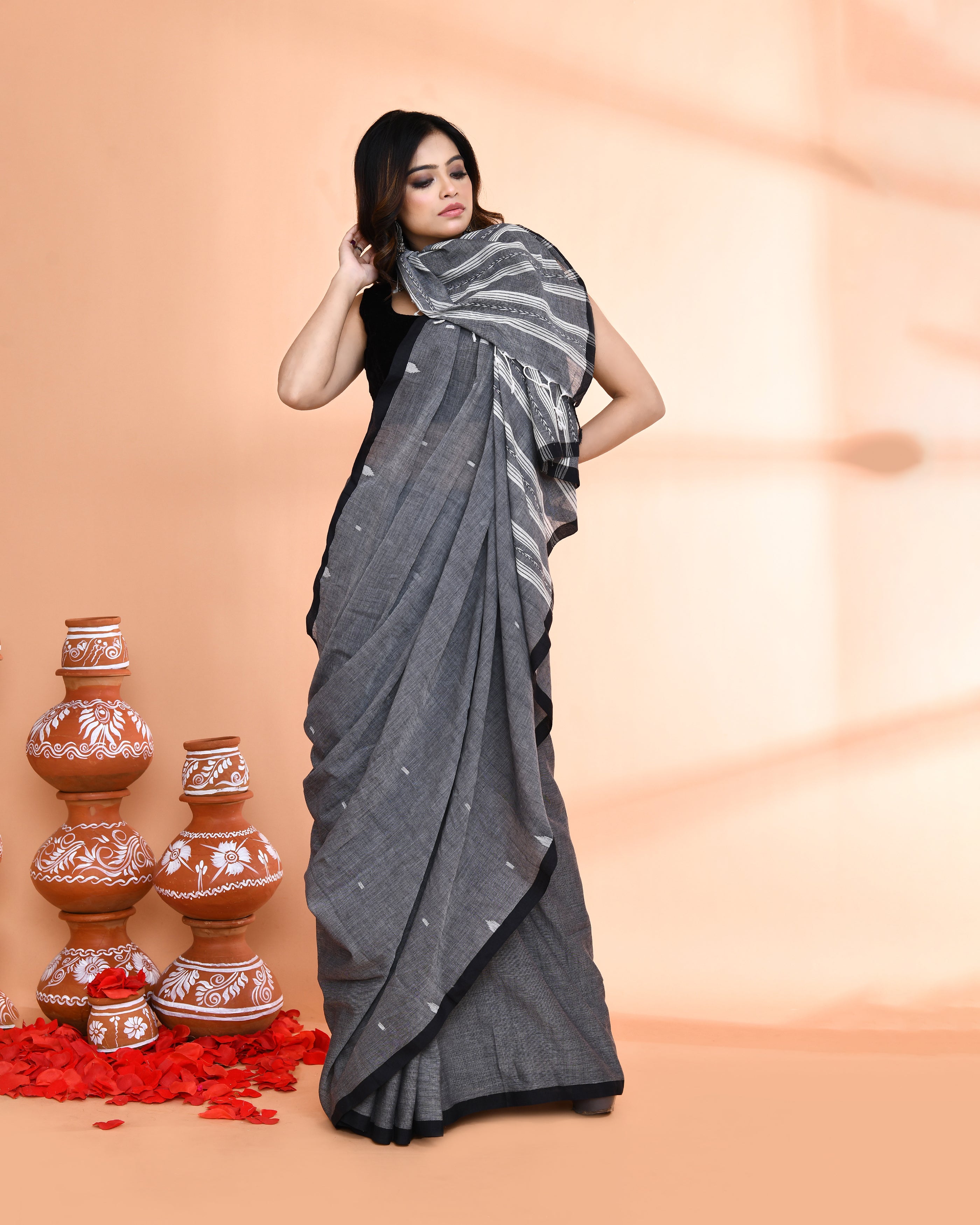 Piyari Fashion Women`s Grey Hand Work Cotton Saree With Blouse | Grocsy