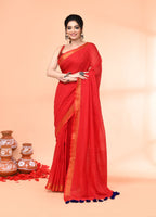 Piyari Fashion Women`s Cotton Handloom Red Sequin Saree With Blouse | Grocsy