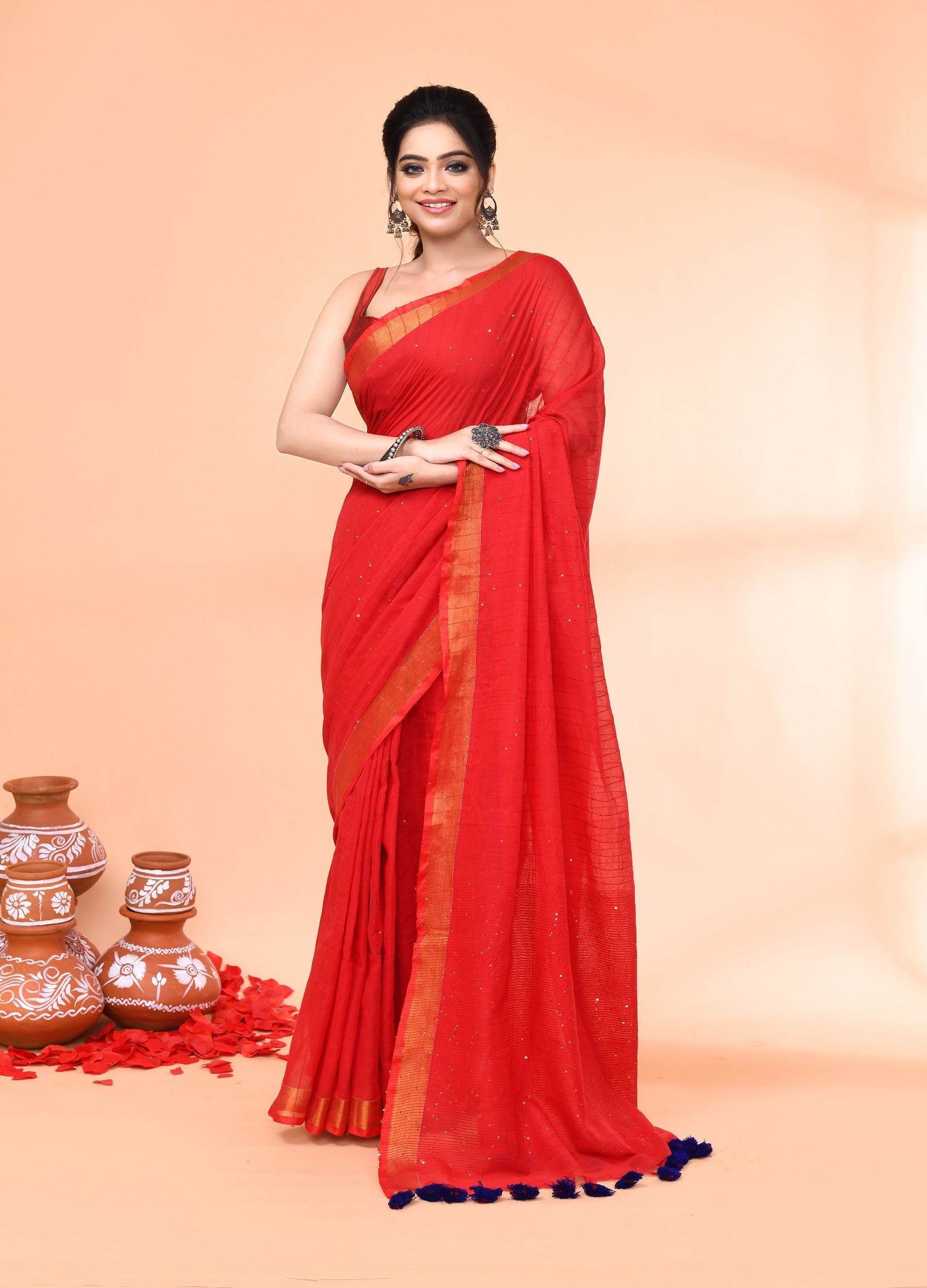 Piyari Fashion Women`s Cotton Handloom Red Sequin Saree With Blouse | Grocsy