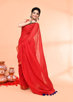 Piyari Fashion Women`s Cotton Handloom Red Sequin Saree With Blouse | Grocsy