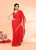 Piyari Fashion Women`s Cotton Handloom Red Sequin Saree With Blouse | Grocsy