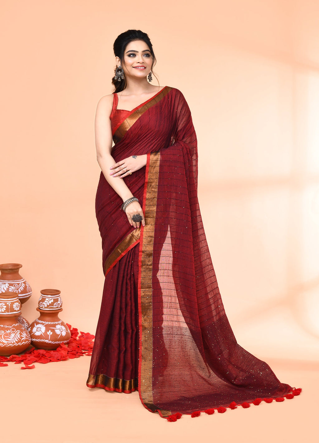 Piyari Fashion Women`s Cotton Handloom Maroon Sequin Saree With Blouse | Grocsy