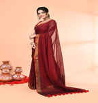 Piyari Fashion Women`s Cotton Handloom Maroon Sequin Saree With Blouse | Grocsy
