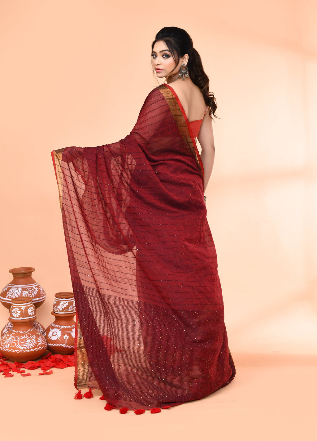 Piyari Fashion Women`s Cotton Handloom Maroon Sequin Saree With Blouse | Grocsy