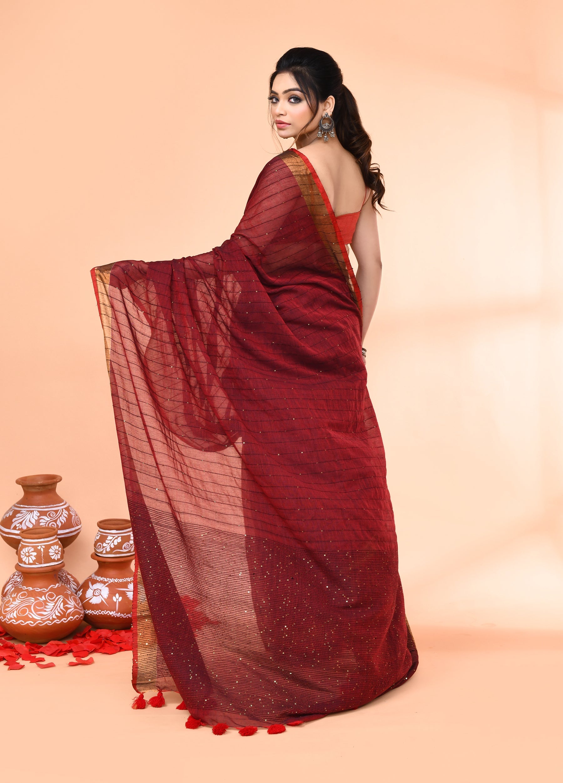 Piyari Fashion Women`s Cotton Handloom Maroon Sequin Saree With Blouse | Grocsy