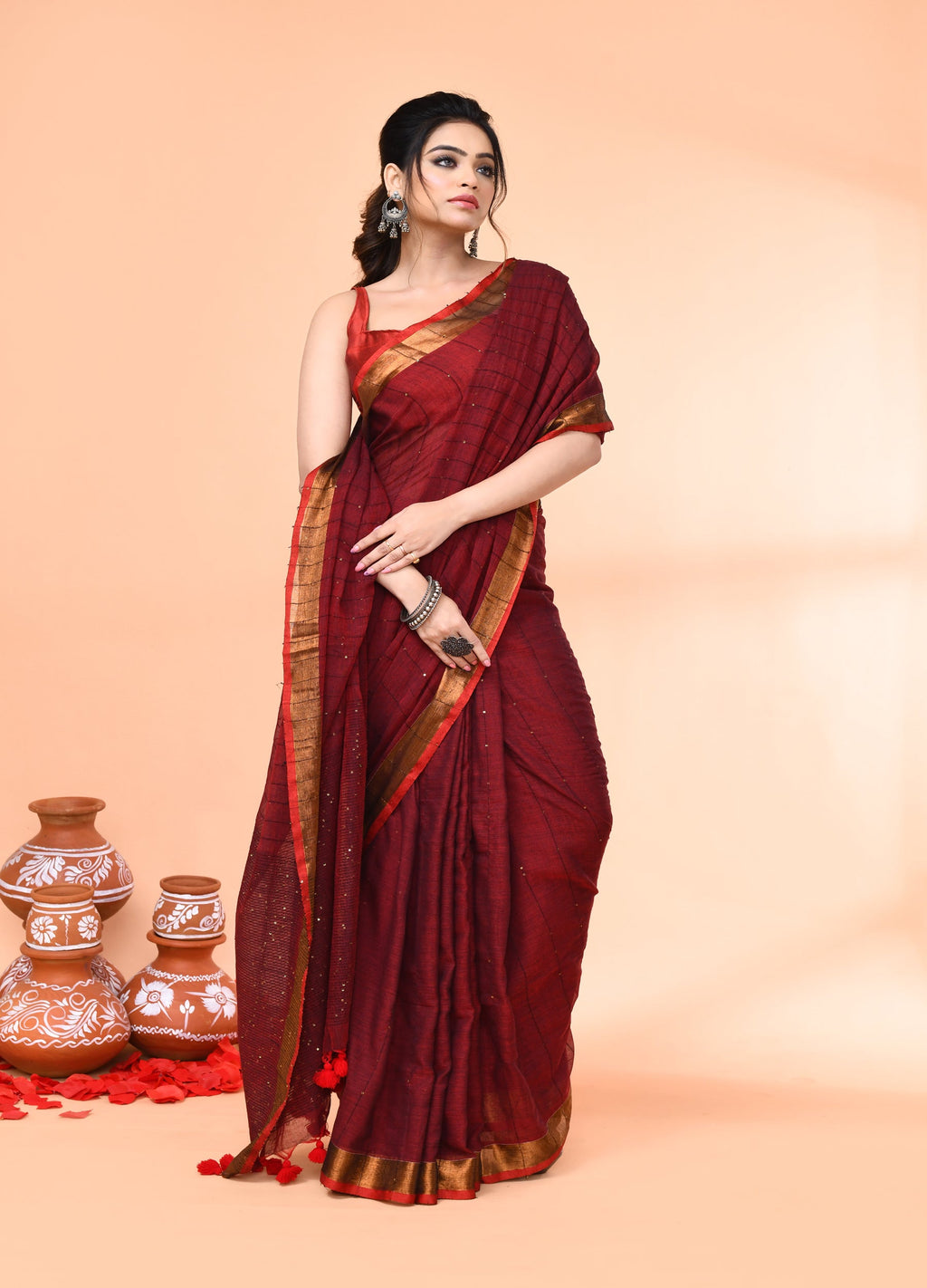 Piyari Fashion Women`s Cotton Handloom Maroon Sequin Saree With Blouse | Grocsy
