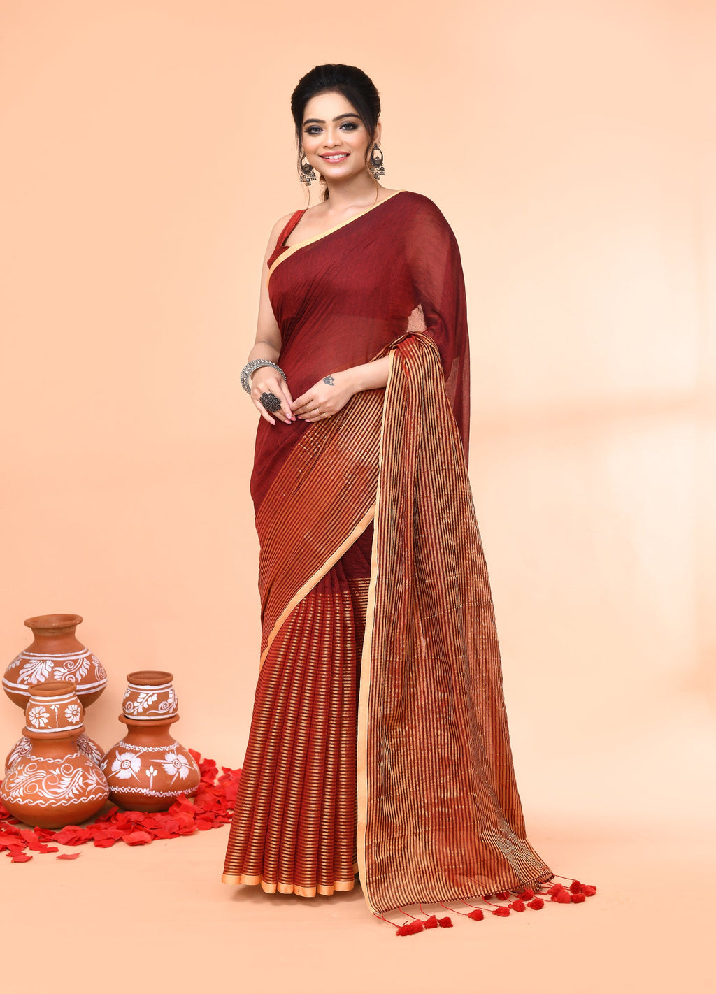 Piyari Fashion Women`s Maroon Cotton Handloom Saree With Gold Zari Stripes | Grocsy