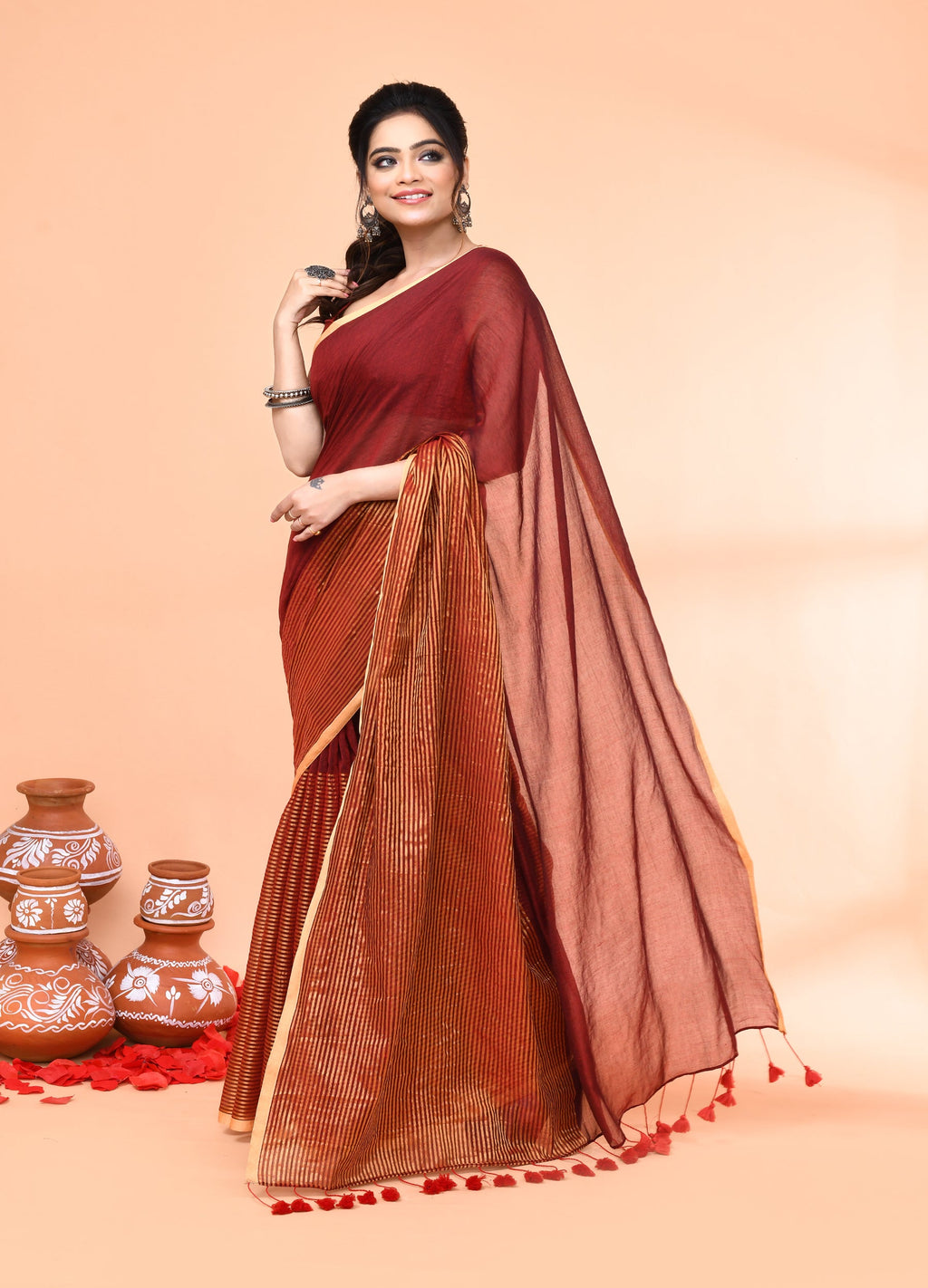 Piyari Fashion Women`s Maroon Cotton Handloom Saree With Gold Zari Stripes | Grocsy