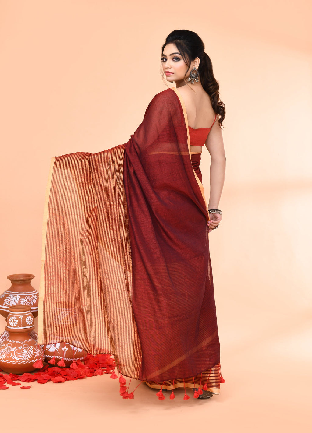 Piyari Fashion Women`s Maroon Cotton Handloom Saree With Gold Zari Stripes | Grocsy