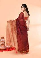 Piyari Fashion Women`s Maroon Cotton Handloom Saree With Gold Zari Stripes | Grocsy