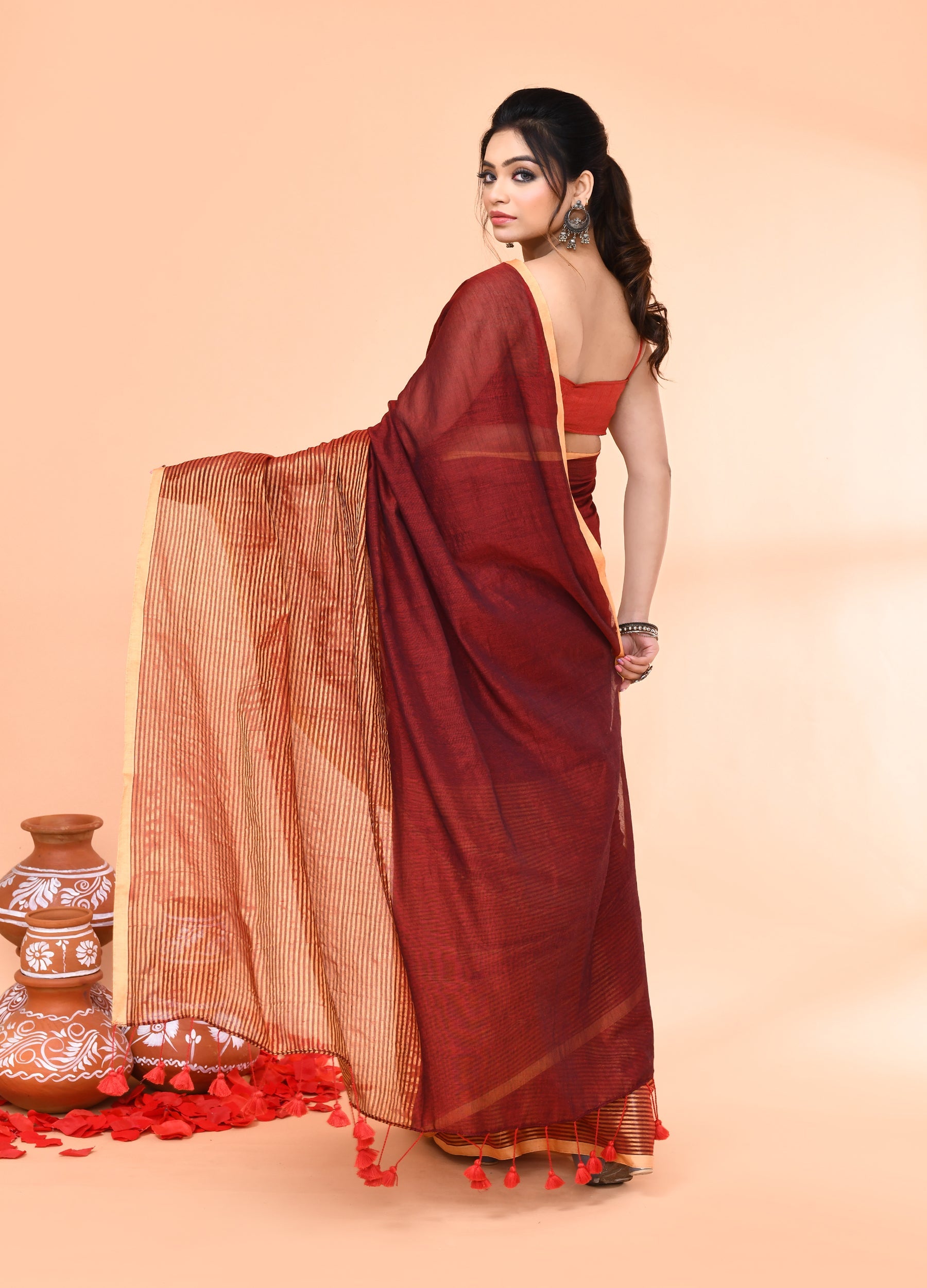 Piyari Fashion Women`s Maroon Cotton Handloom Saree With Gold Zari Stripes | Grocsy