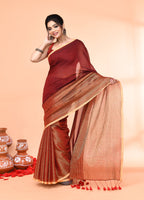 Piyari Fashion Women`s Maroon Cotton Handloom Saree With Gold Zari Stripes | Grocsy