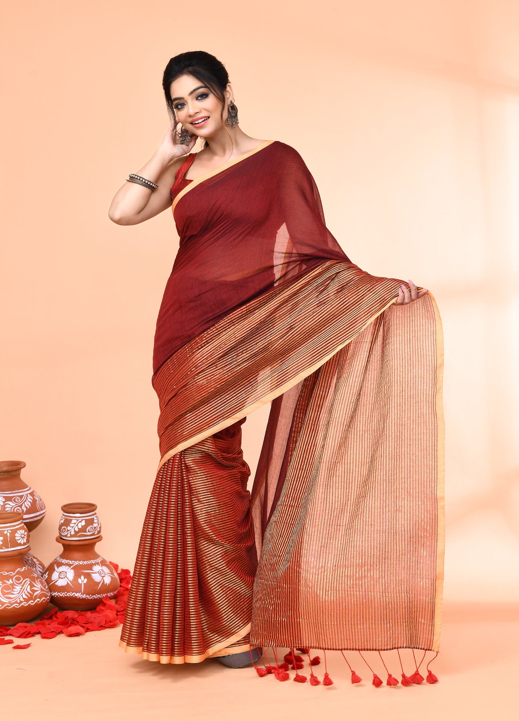Piyari Fashion Women`s Maroon Cotton Handloom Saree With Gold Zari Stripes | Grocsy