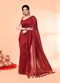 Piyari Fashion Women`s Cotton Handloom Maroon Sequin Saree With Blouse | Grocsy