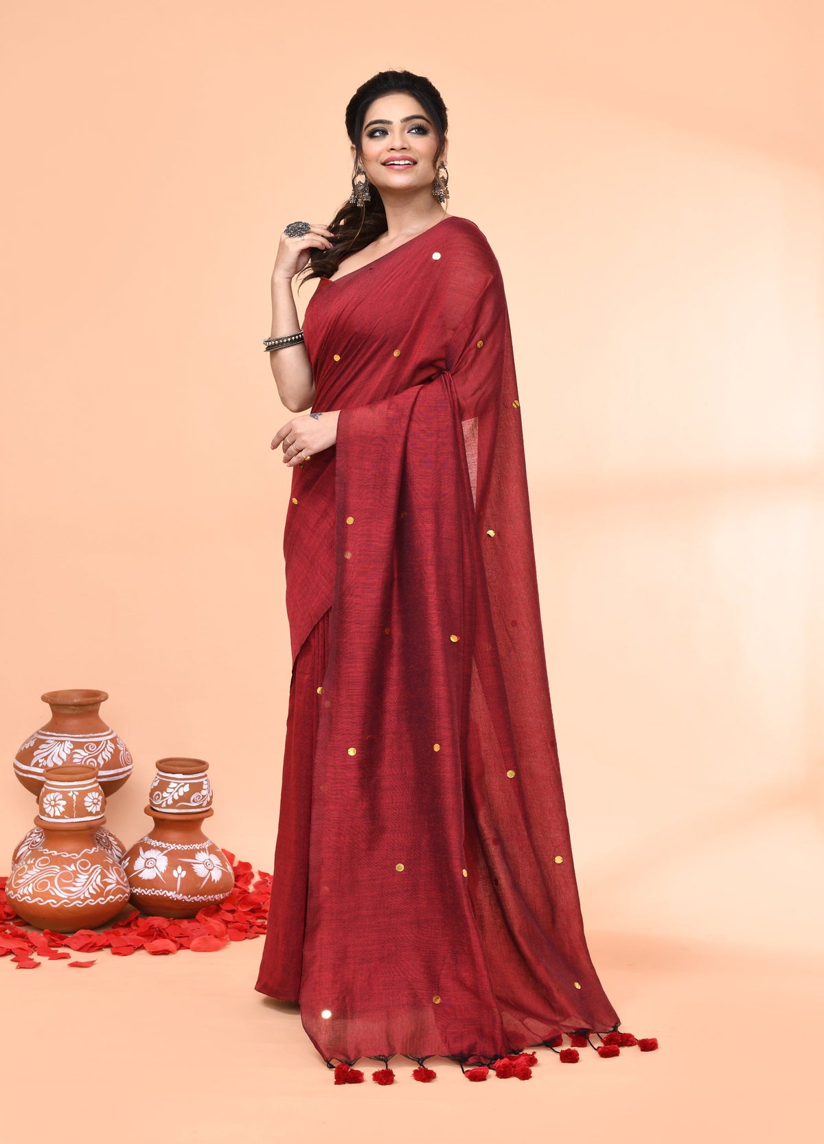 Piyari Fashion Women`s Cotton Handloom Maroon Sequin Saree With Blouse | Grocsy