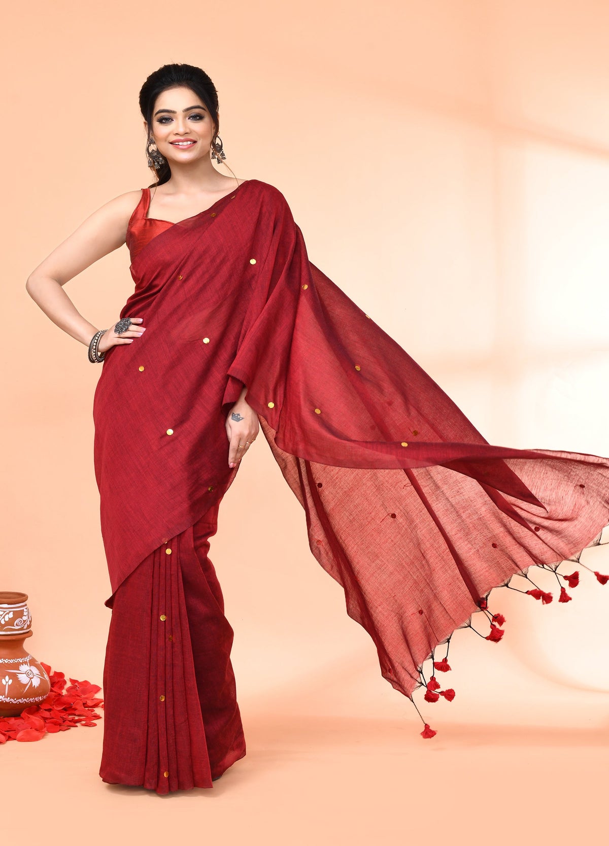 Piyari Fashion Women`s Cotton Handloom Maroon Sequin Saree With Blouse | Grocsy