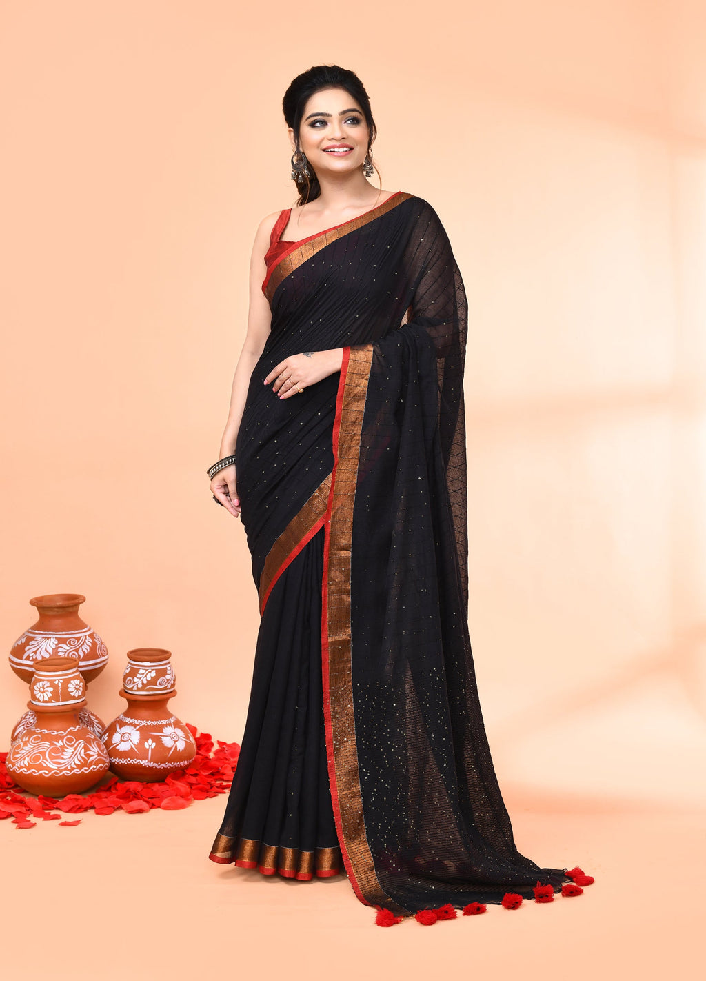 Piyari Fashion Women`s Cotton Handloom Black Sequin Saree With Blouse | Grocsy