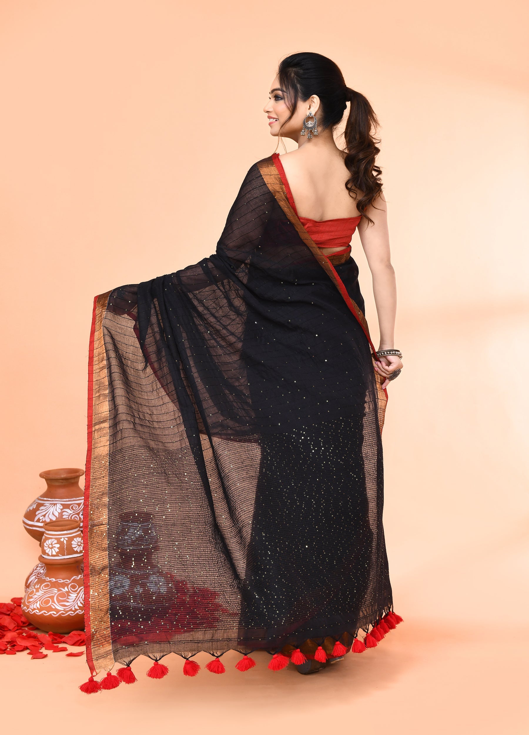 Piyari Fashion Women`s Cotton Handloom Black Sequin Saree With Blouse | Grocsy