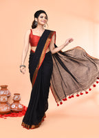 Piyari Fashion Women`s Cotton Handloom Black Sequin Saree With Blouse | Grocsy
