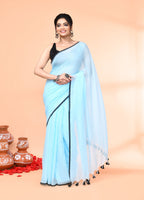 Piyari Fashion Aqua Blue Mulmul Cotton Saree With Tassels | Grocsy