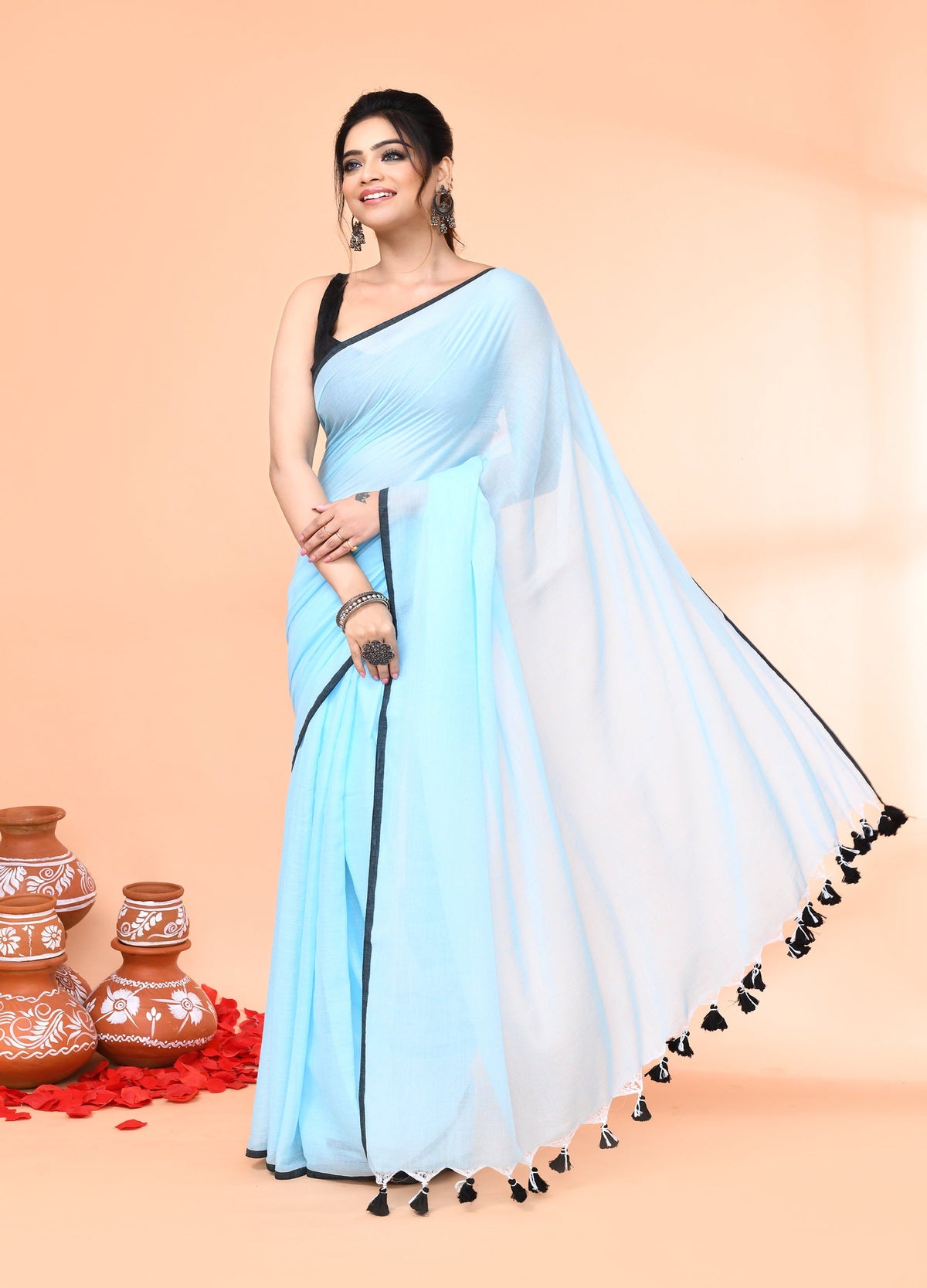 Piyari Fashion Aqua Blue Mulmul Cotton Saree With Tassels | Grocsy