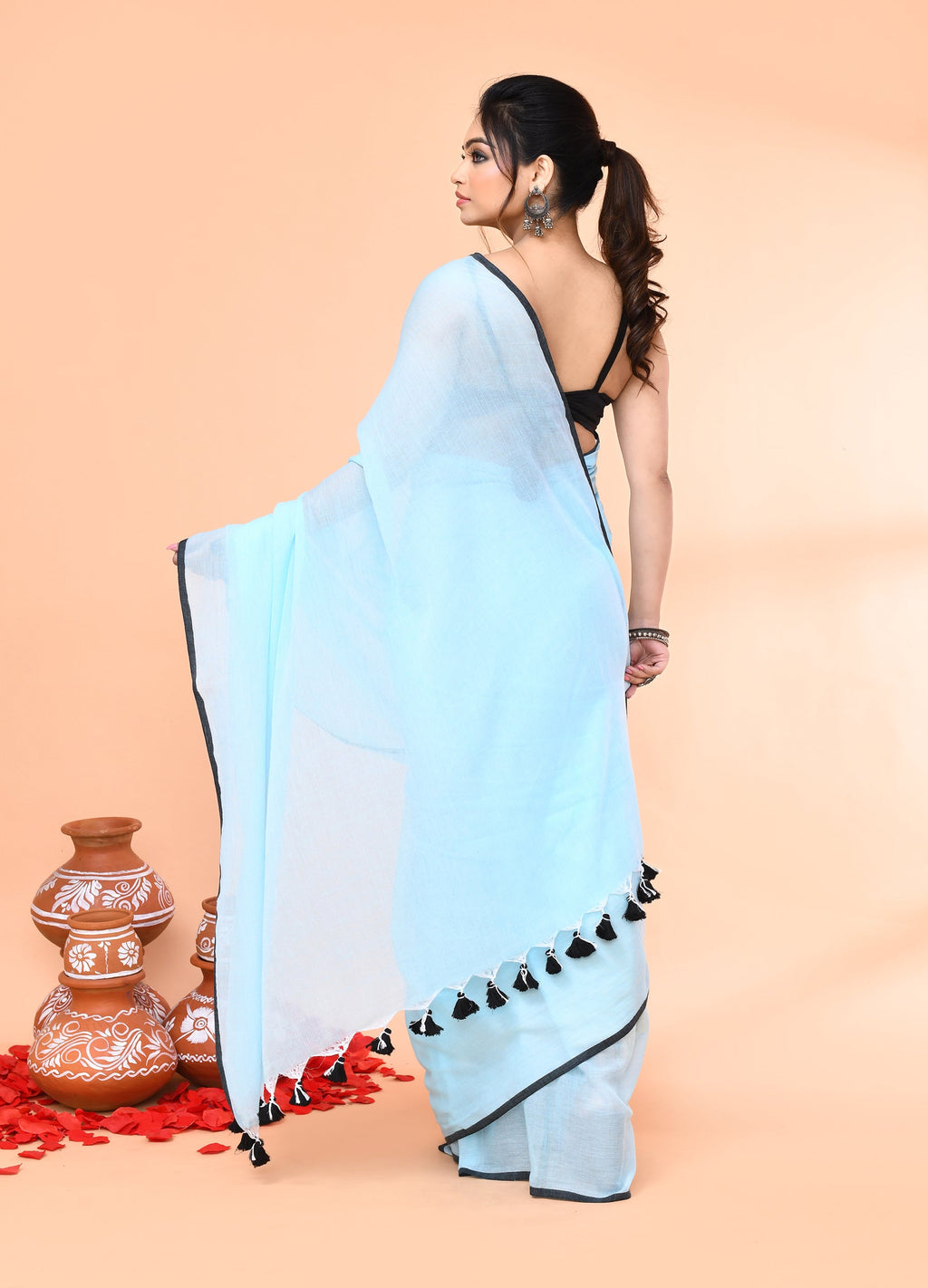 Piyari Fashion Aqua Blue Mulmul Cotton Saree With Tassels | Grocsy