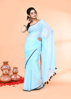 Piyari Fashion Aqua Blue Mulmul Cotton Saree With Tassels | Grocsy