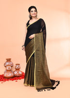 Piyari Fashion Women`s Black Cotton Handloom Saree With Gold Zari Stripes | Grocsy