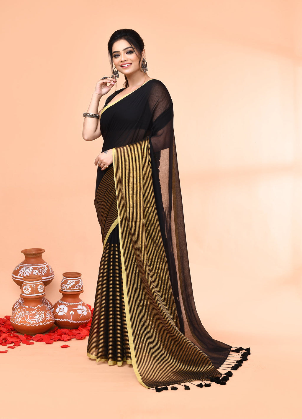 Piyari Fashion Women`s Black Cotton Handloom Saree With Gold Zari Stripes | Grocsy